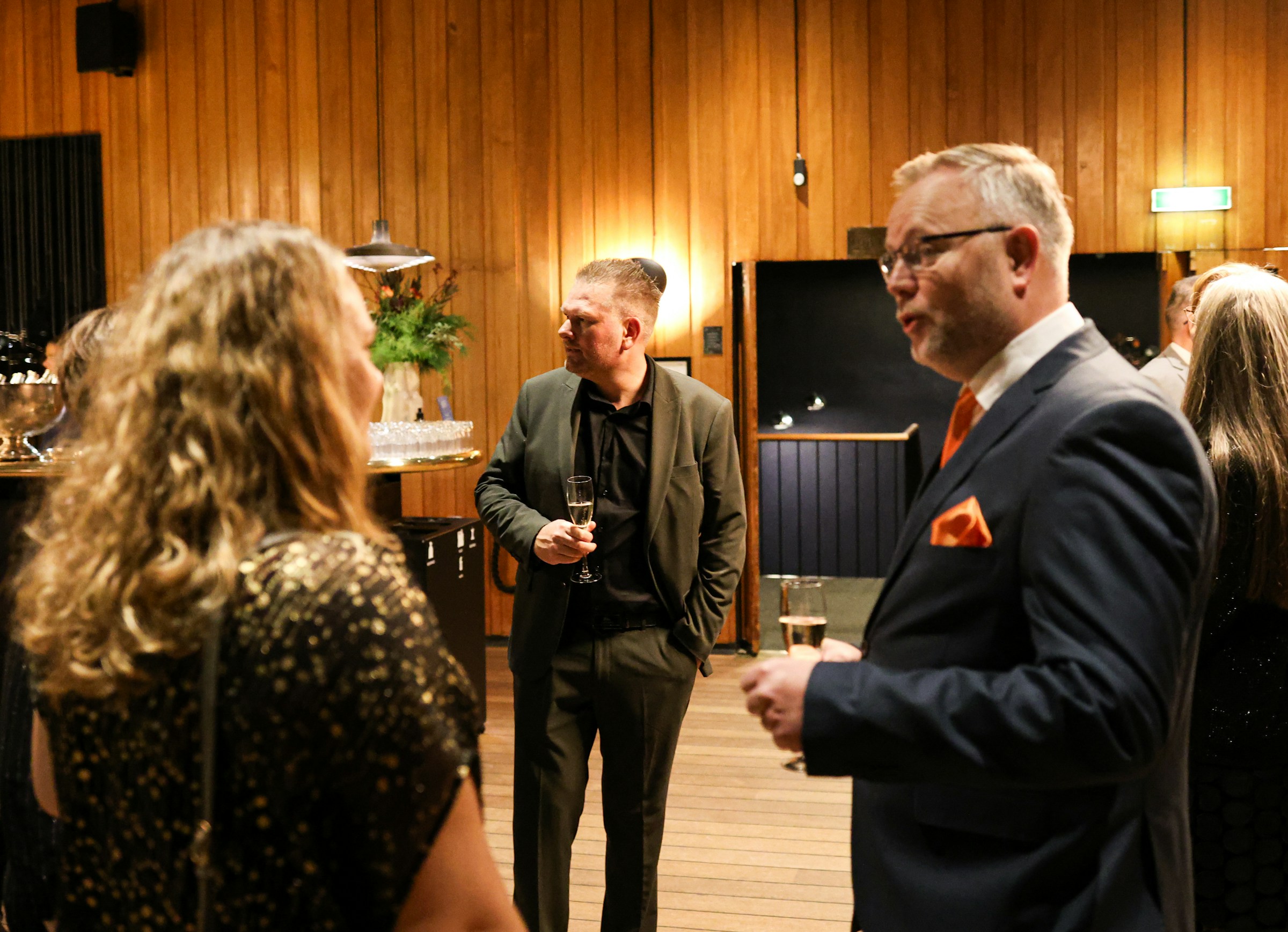 Guests in formal attire conversing at an evening gala event