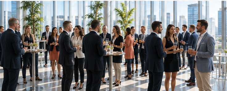 Business professionals networking with drinks in a bright, contemporary event space
