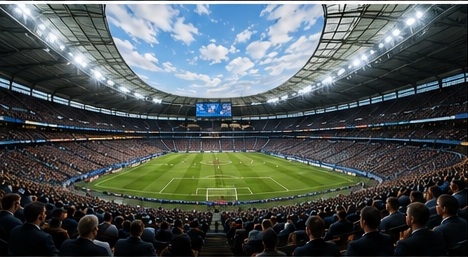 Packed modern sports stadium with the pitch in view under floodlights