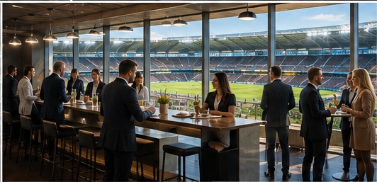 Guests in a premium stadium hospitality suite overlooking the pitch